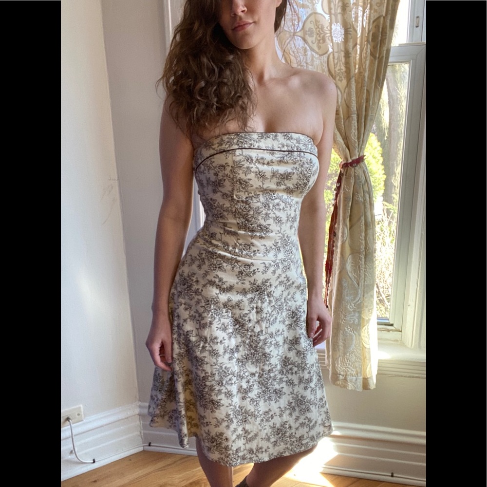 strapless white/cream and brown midi dress